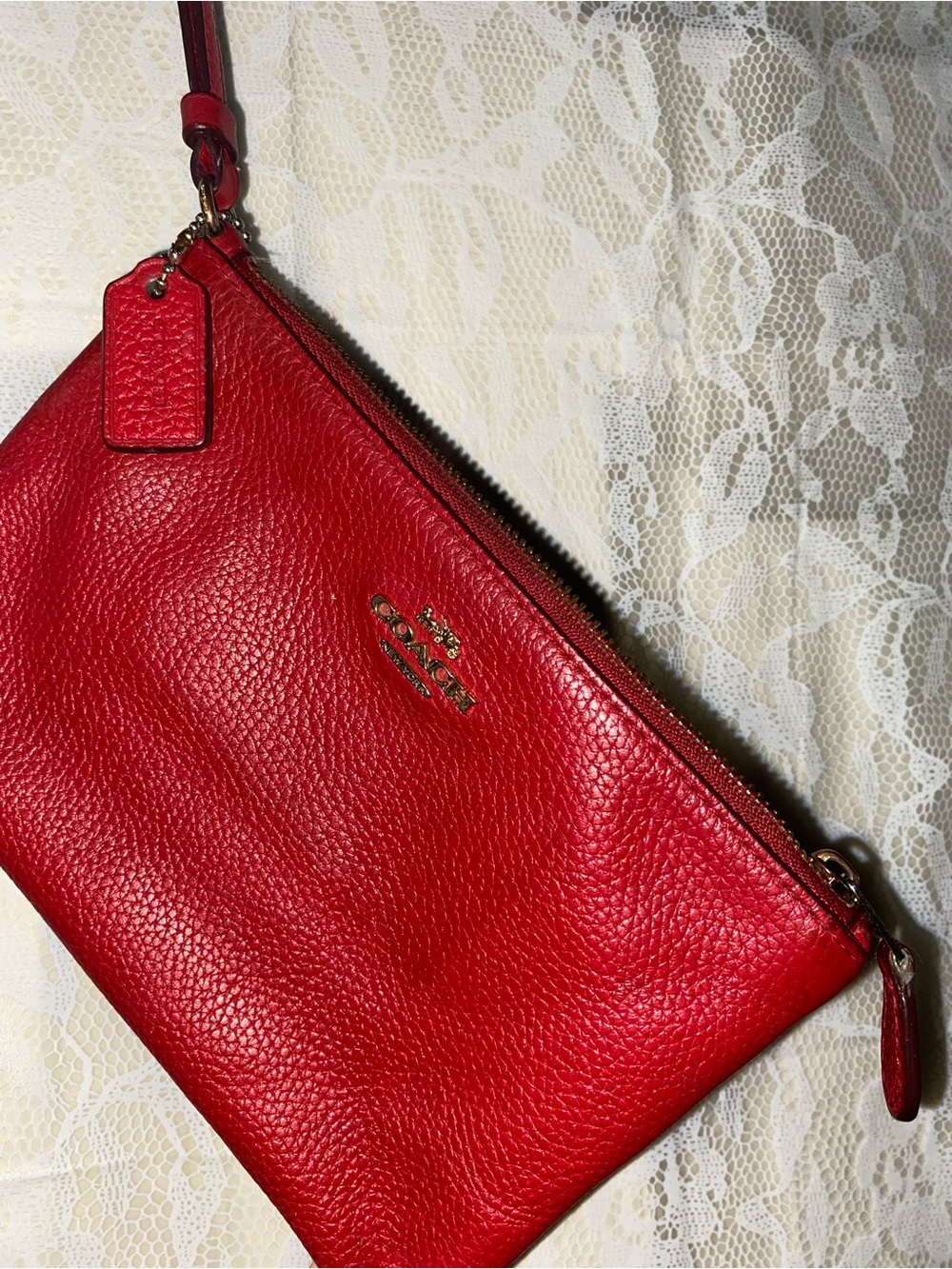 Coach Red Pebbled Leather Wristlet Clutch with Gold Logo